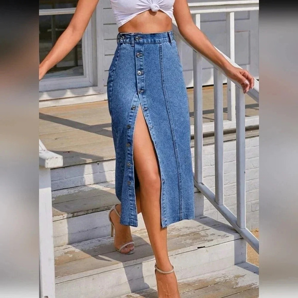 Button Front Denim Skirt - Picture 1 of 4